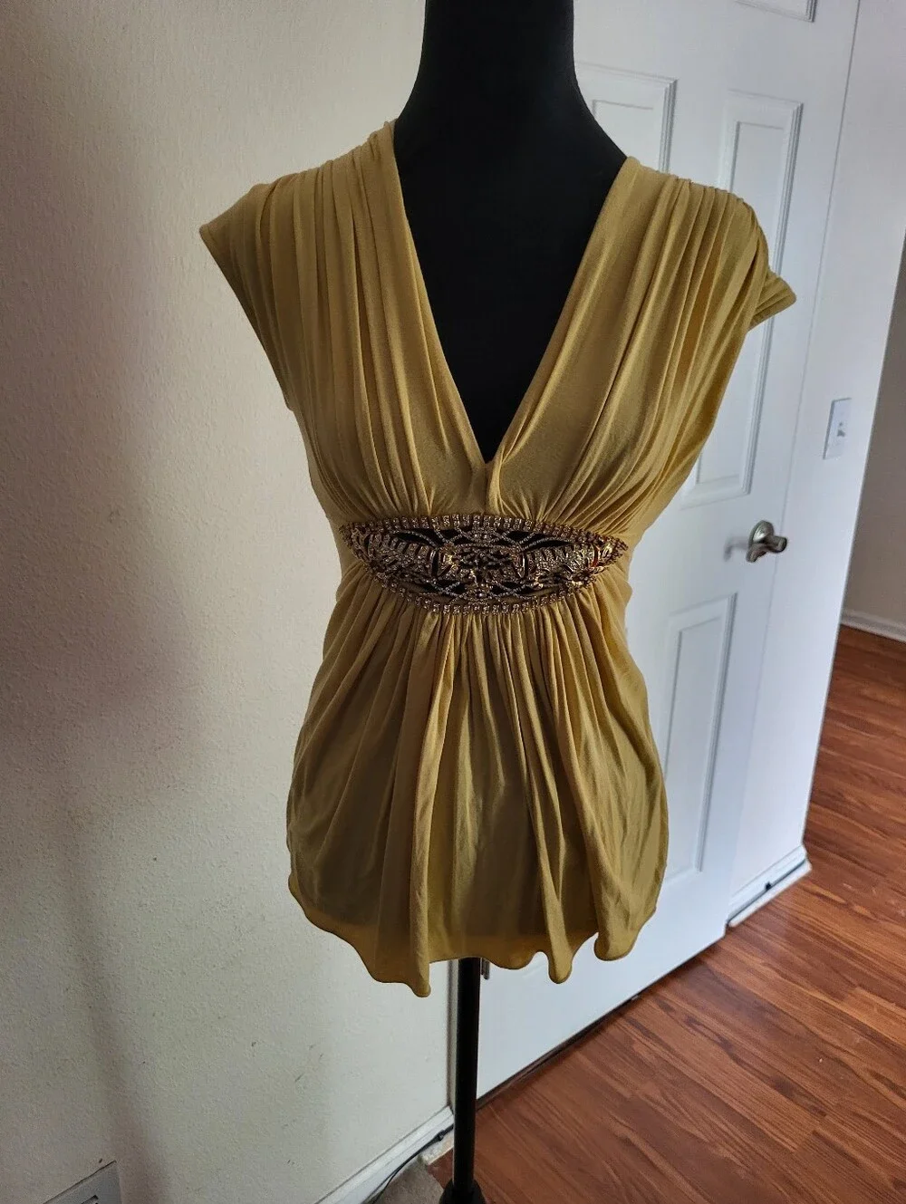 Sky Mustard V-Neck Embellished Empire Waist Tunic, With Jewelled Detail. Size S - Picture 1 of 6